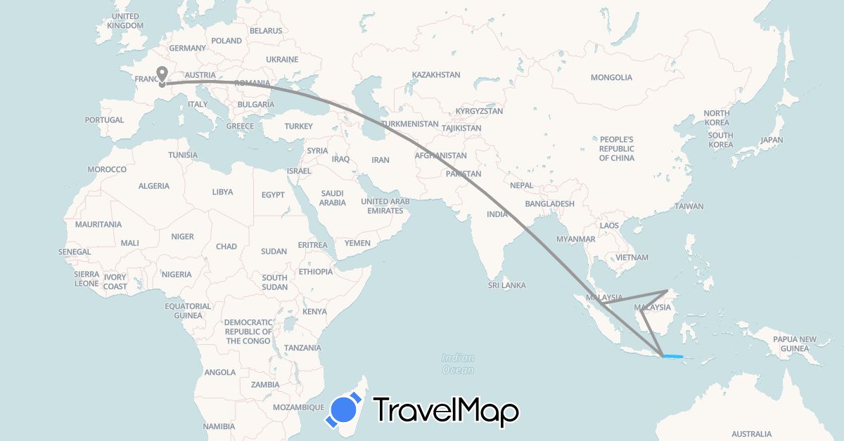 TravelMap itinerary: driving, plane, boat in France, Indonesia, Malaysia (Asia, Europe)